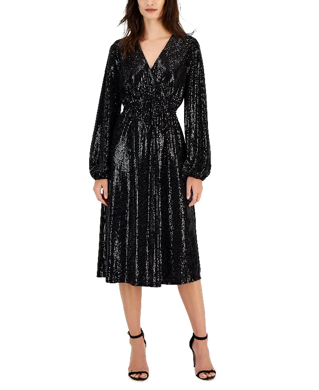 Early Access T Tahari Womens Faux Wrap Sequin Midi Dress