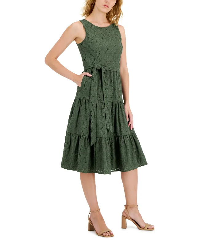 Hot Deal Tahari Asl Womens Cotton Eyelet Midi Dress