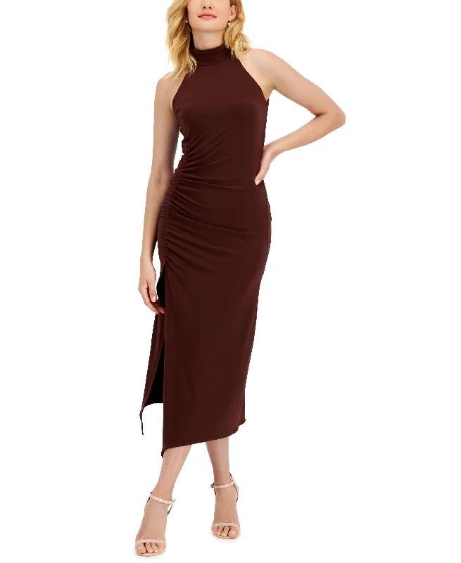 Seasonal Clearance Taylor Mock Neck Shirred Asymmetrical Hem Midi Dress