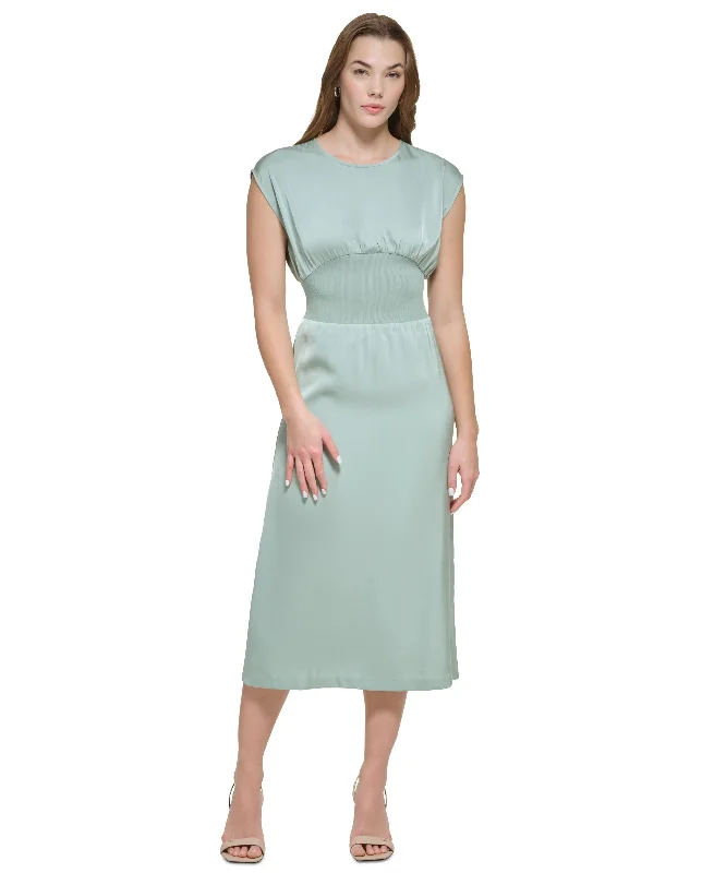 Savings Galore Women's Cinch Waist Sleeveless Satin Midi Dress
