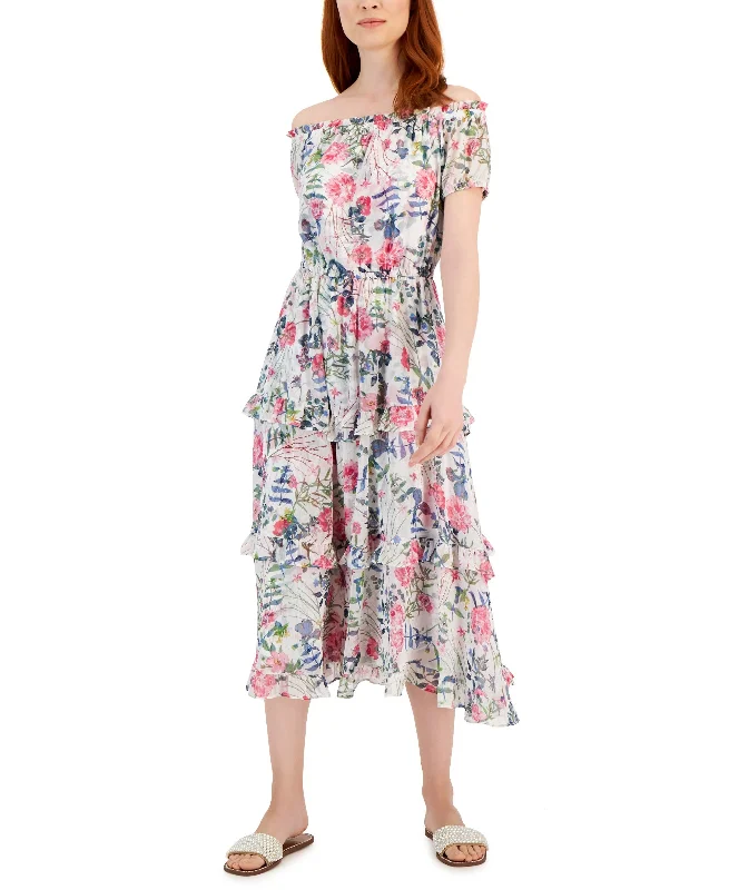 Deal Explosion Women's Floral Print Off-The-Shoulder Maxi Dress