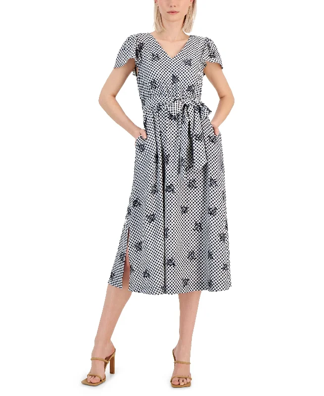 Super Deal Women's Printed Gingham Flutter-Sleeve Midi Dress