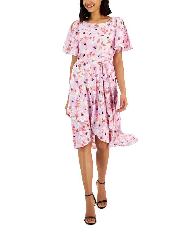 Price Rollback Women's Printed Slit-Shoulder Tie-Waist Dress