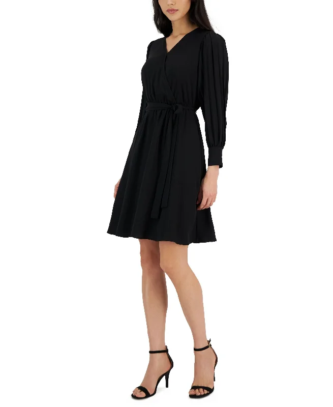 Super Deal Anne Klein Womens V-Neck Pleated-Long-Sleeve Dress