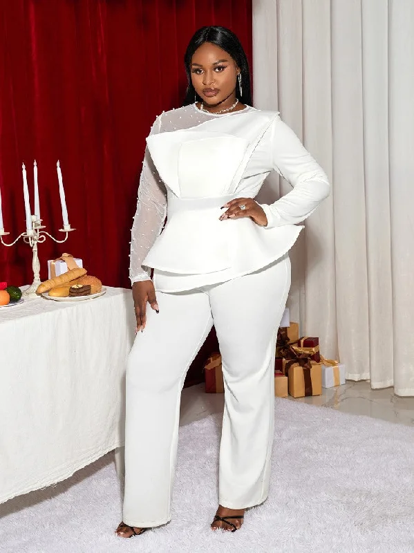 Act Now AOMEIDRESS Plus Size Bead Patchwork Party Jumpsuit Long Wide Leg Rompers