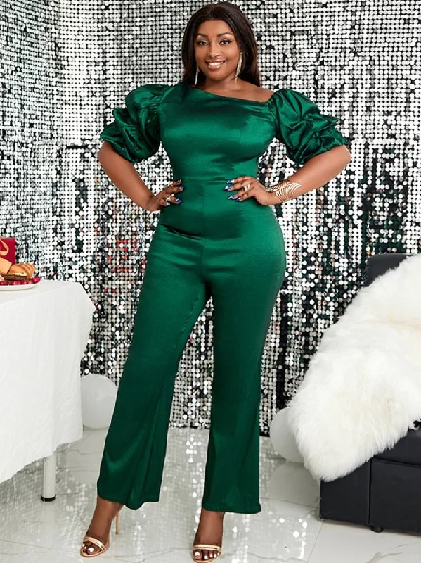 Instant Discount AOMEIDRESS Women Puff Sleeve Flare Leg Party Jumpsuit Plus Size