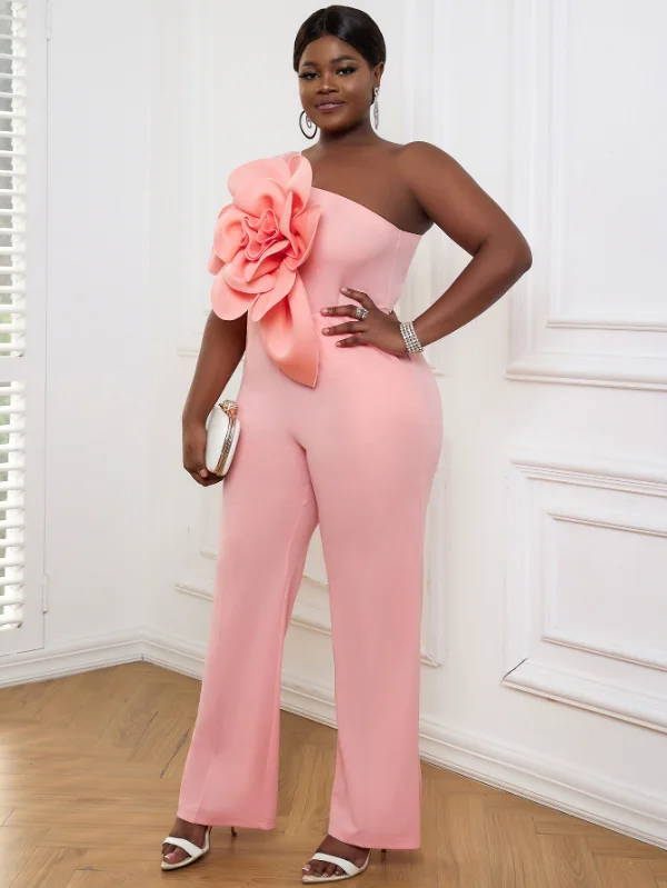 Markdown Madness AOMEI Plus Size 3D Flower Jumpsuit One Shoulder