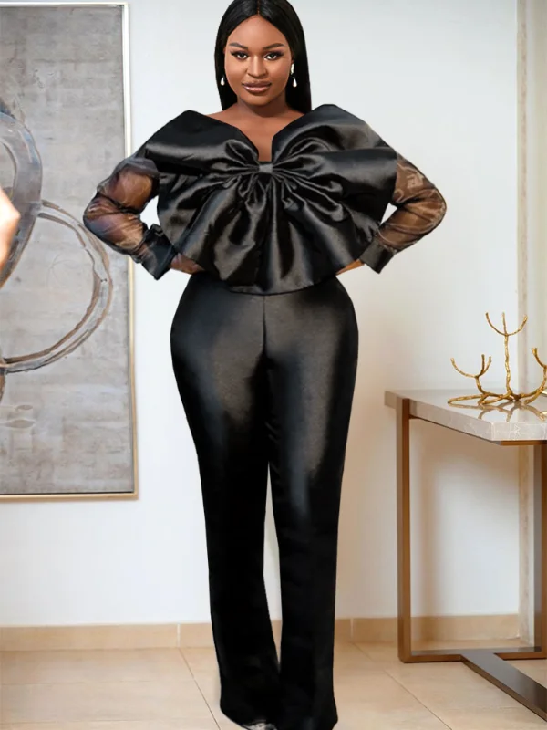 Crazy Deals Women Organza Long Sleeve Big Bow Black Jumpsuit