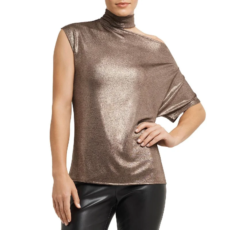 Price Cut H Halston Womens Metallic Mock Neck Blouse