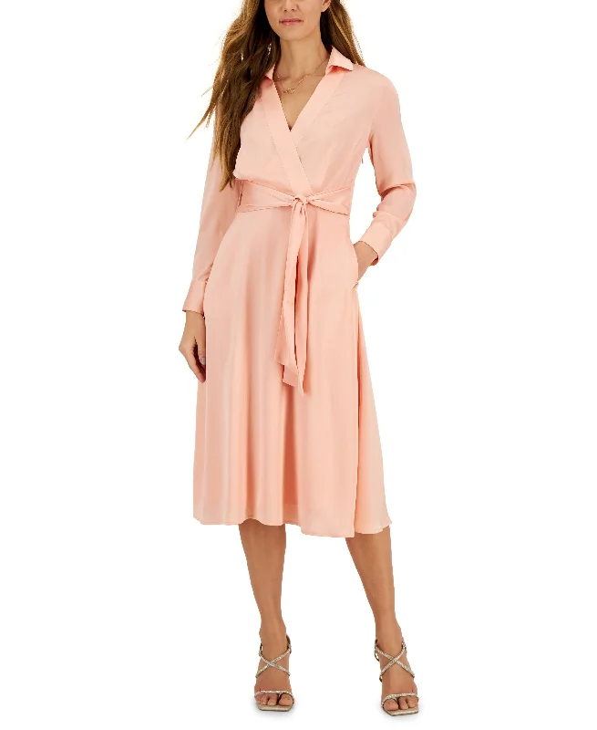 Act Now Hammered Satin Faux-Wrap Midi Shirtdress