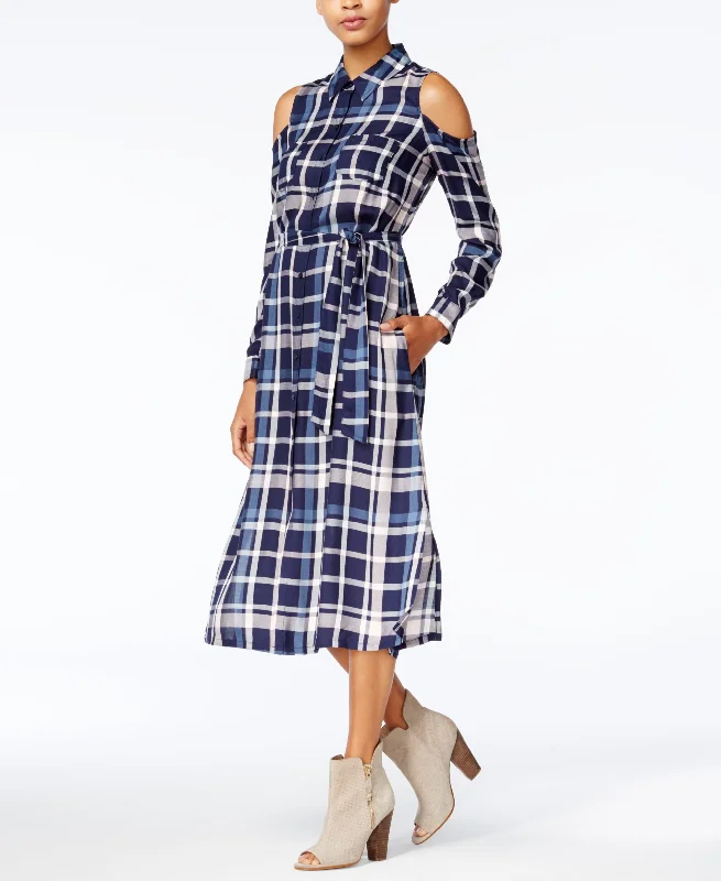 Final Sale Maison Jules Cold Shoulder Plaid Midi Dress