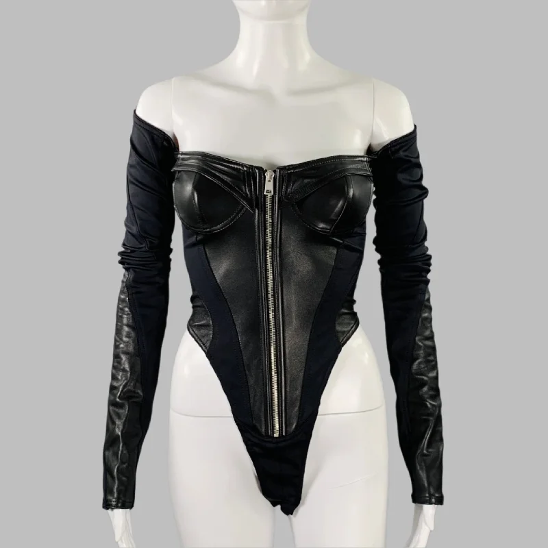 Value Deals MUGLER Size 2 Black Lambskin Nylon Blend Bodysuit