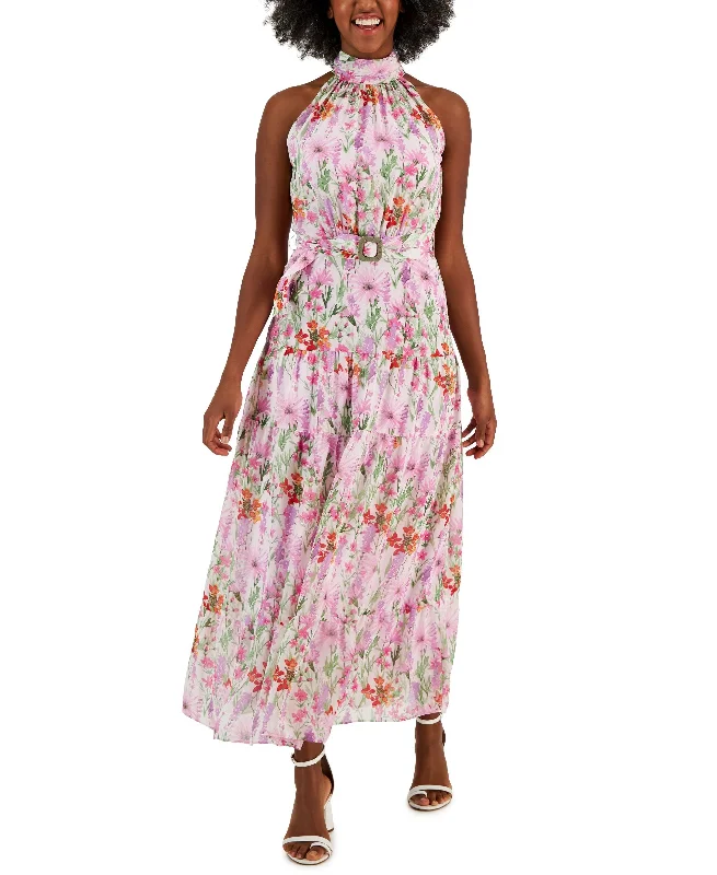Friends and Family Sale Printed Chiffon Sleeveless Buckle-Waist Maxi Dress