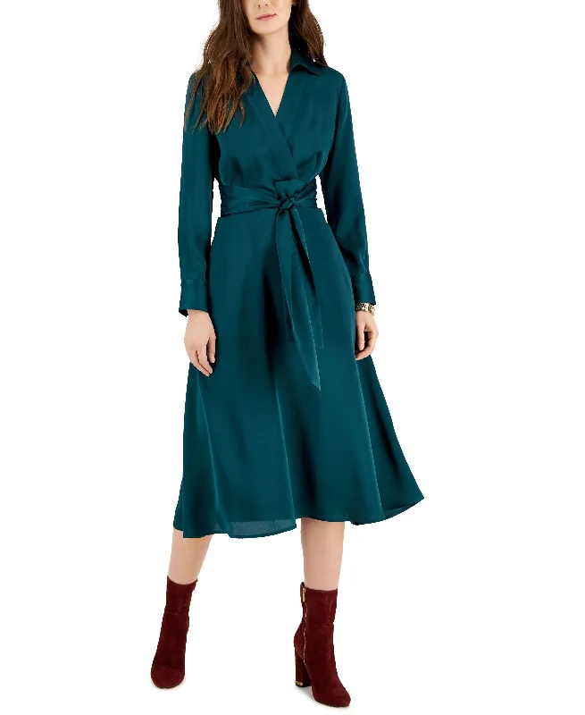 Deal Zone TAHARI ASL Tie Front Long Sleeve V-Neck Satin Shirtdress