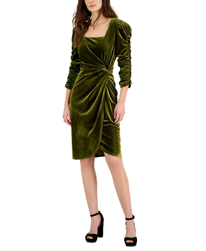 Best Deals Tahari Asl Womens Velvet Square-Neck Ruched-Sleeve Dress