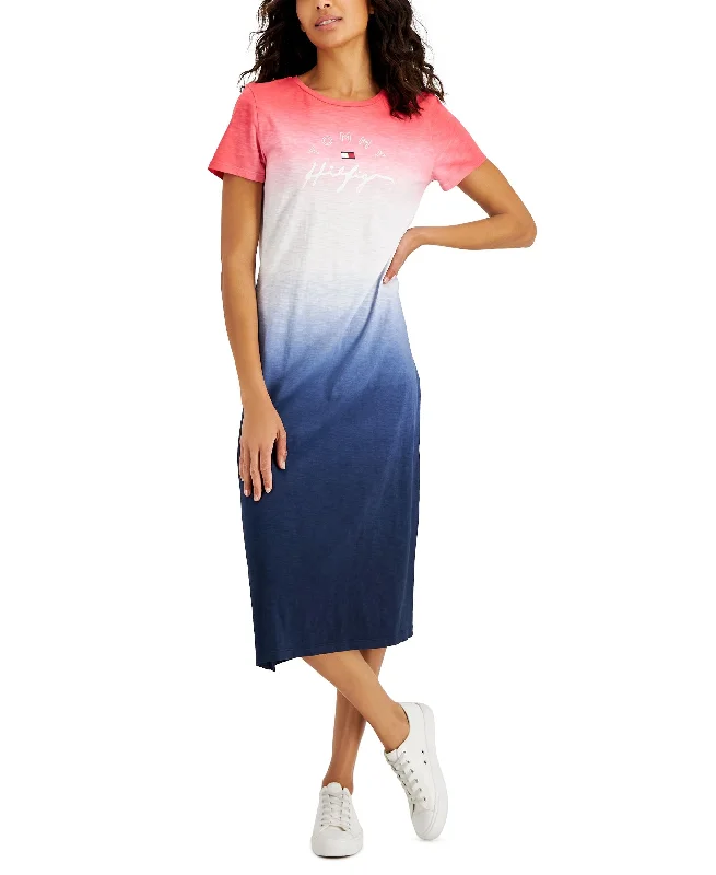 Weekend Deal Tommy Hilfiger Womens Cotton Dip Dyed Midi T-Shirt Dress