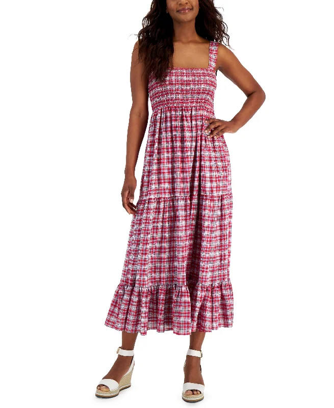 Clearance Sale Tommy Hilfiger Womens Plaid Tiered Sleeveless Dress