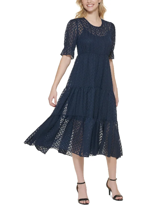 Price Reduction Tommy Hilfiger Womens Tiered Elbow Sleeves Midi Dress