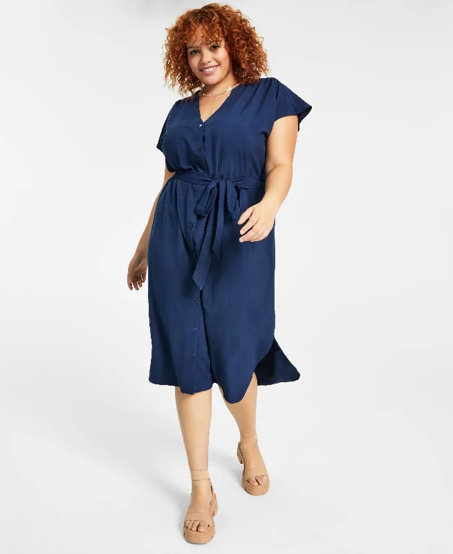Seasonal Clearance Trendy Plus Size Belted Short-Sleeve Shirtdress