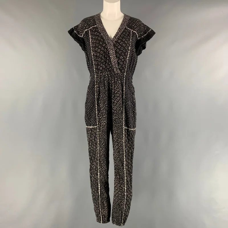 Final Sale ULLA JOHNSON Size 2 Black Cream Cotton Dots Cap Sleeves Jumpsuits