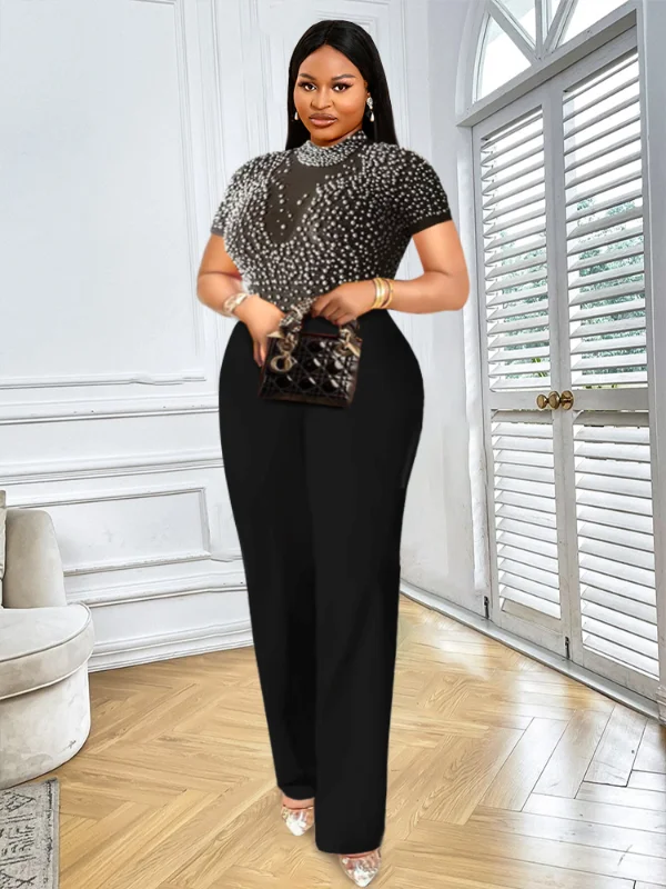 The Best Prices Women See Through Tops Beaded Wide Leg Jumpsuit