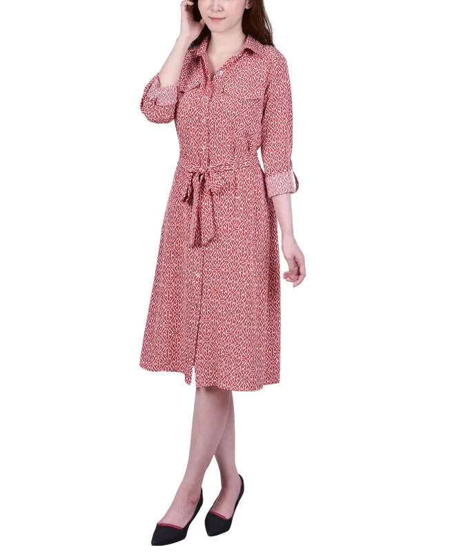 YEAR-End Clearance Women's 3/4 Sleeve Roll Tab Shirtdress with Belt