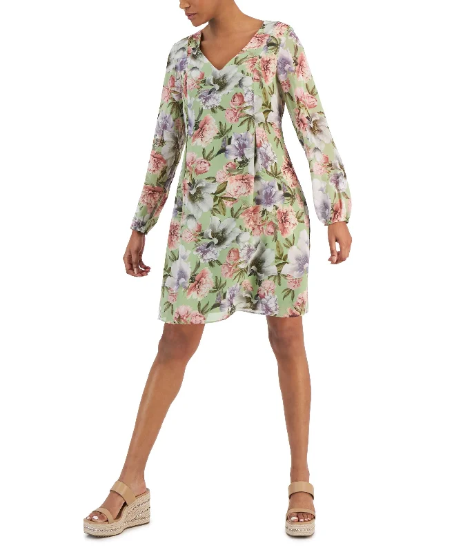 Early Bird Discount Women's Floral-Print Tie-Back Long-Sleeve Dress