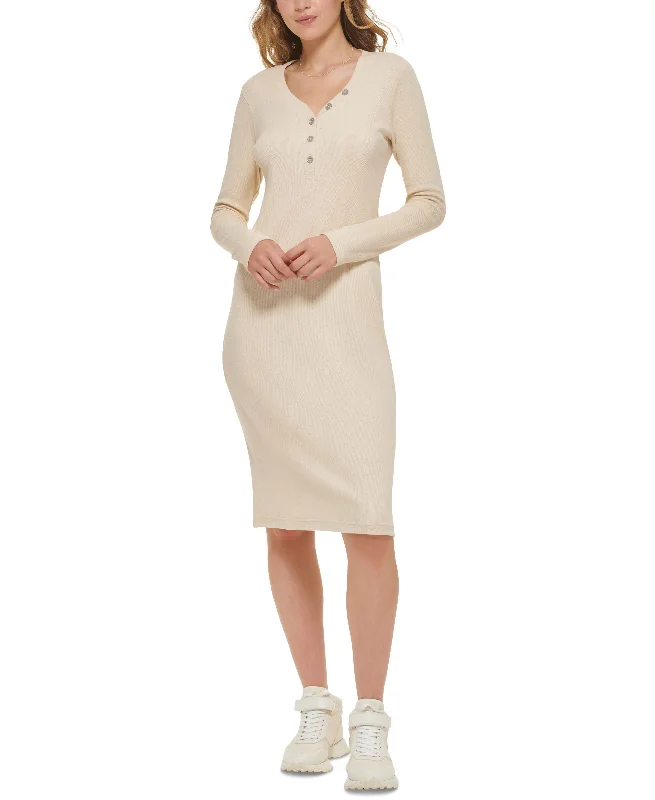 Deal Alert Women's Henley-Neckline Long-Sleeve Ribbed Dress