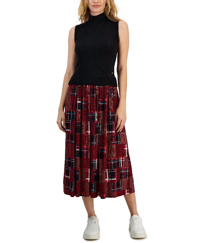 Quick Sale Women's Plaid-Skirt Sleeveless Sweater Dress