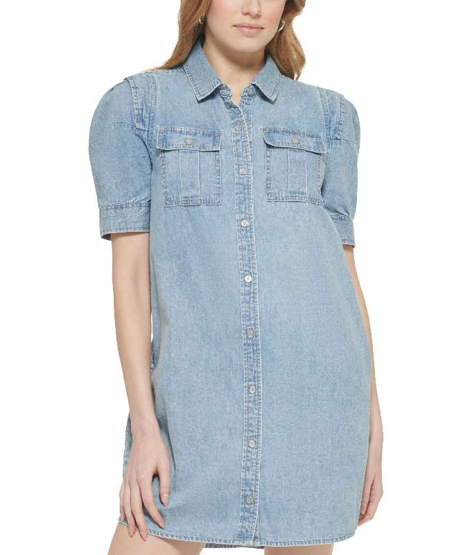 Clearance Event Women's Puff-Sleeve Button-Front Cotton Denim Shirtdress