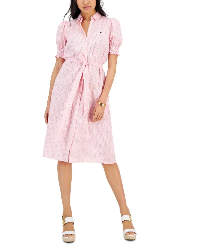 Doorbuster Deal Women's Puff Sleeve Gingham Midi Dress