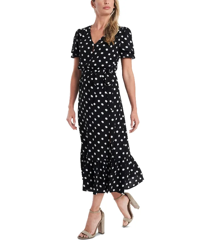 Super Sale Women's Short Sleeve Polka-Dot Tie-Waist Midi Dress
