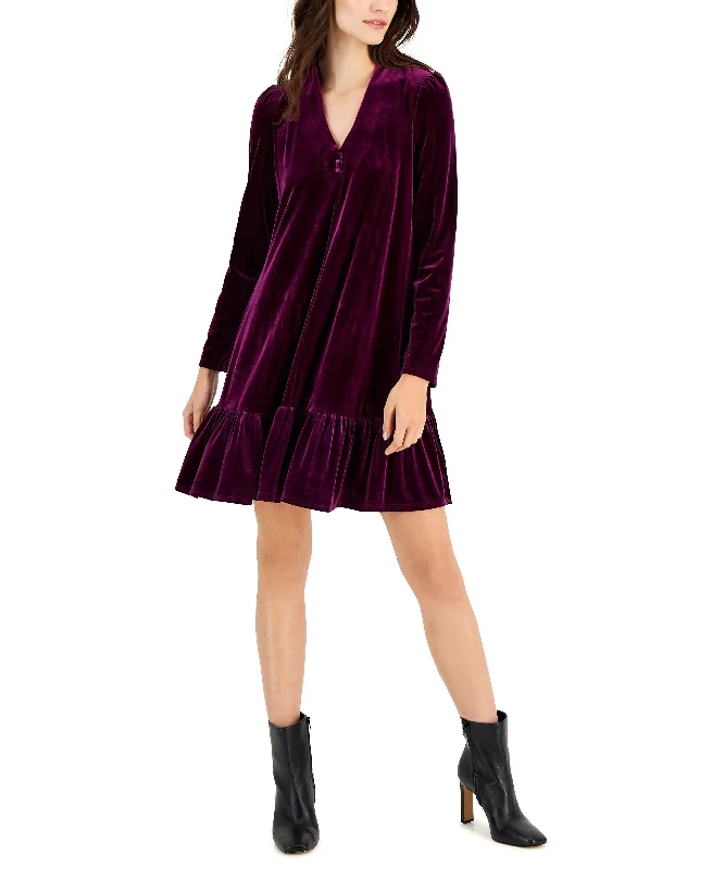 Discount Extravaganza Women's V-Neck Long-Sleeve Trapeze Velvet Dress